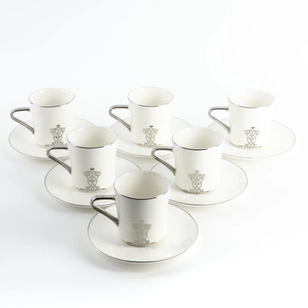 Conjunto de Xícaras de Porcelana com 12 peças - Branco e Prata