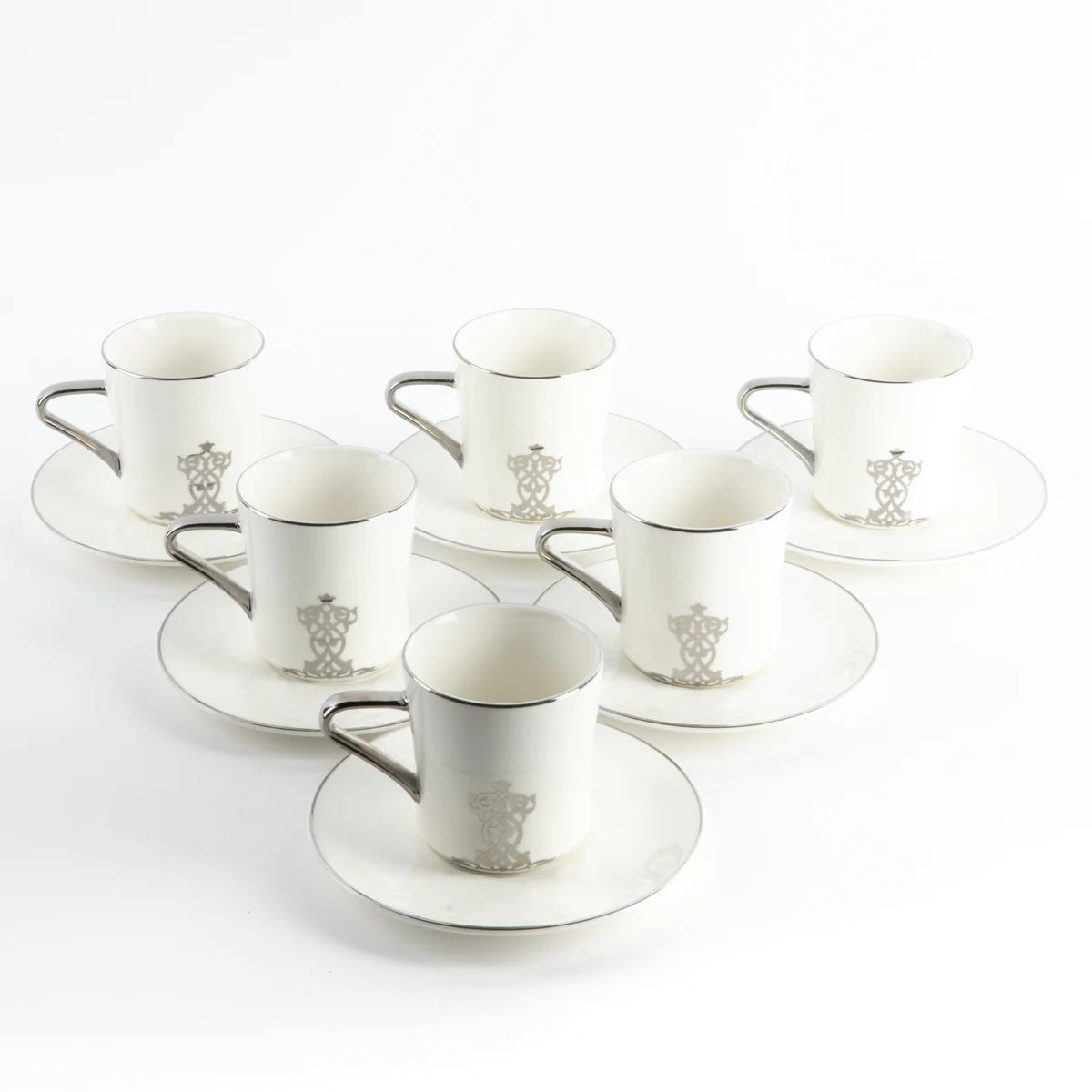 Conjunto de Xícaras de Porcelana com 12 peças - Branco e Prata