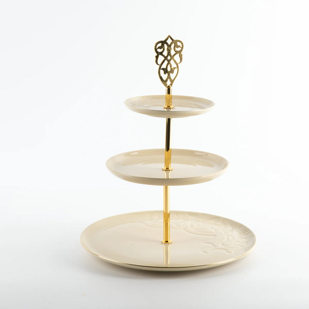 Bandeja De Servir Em Camadas De Aço Inox - Marfim e Dourado