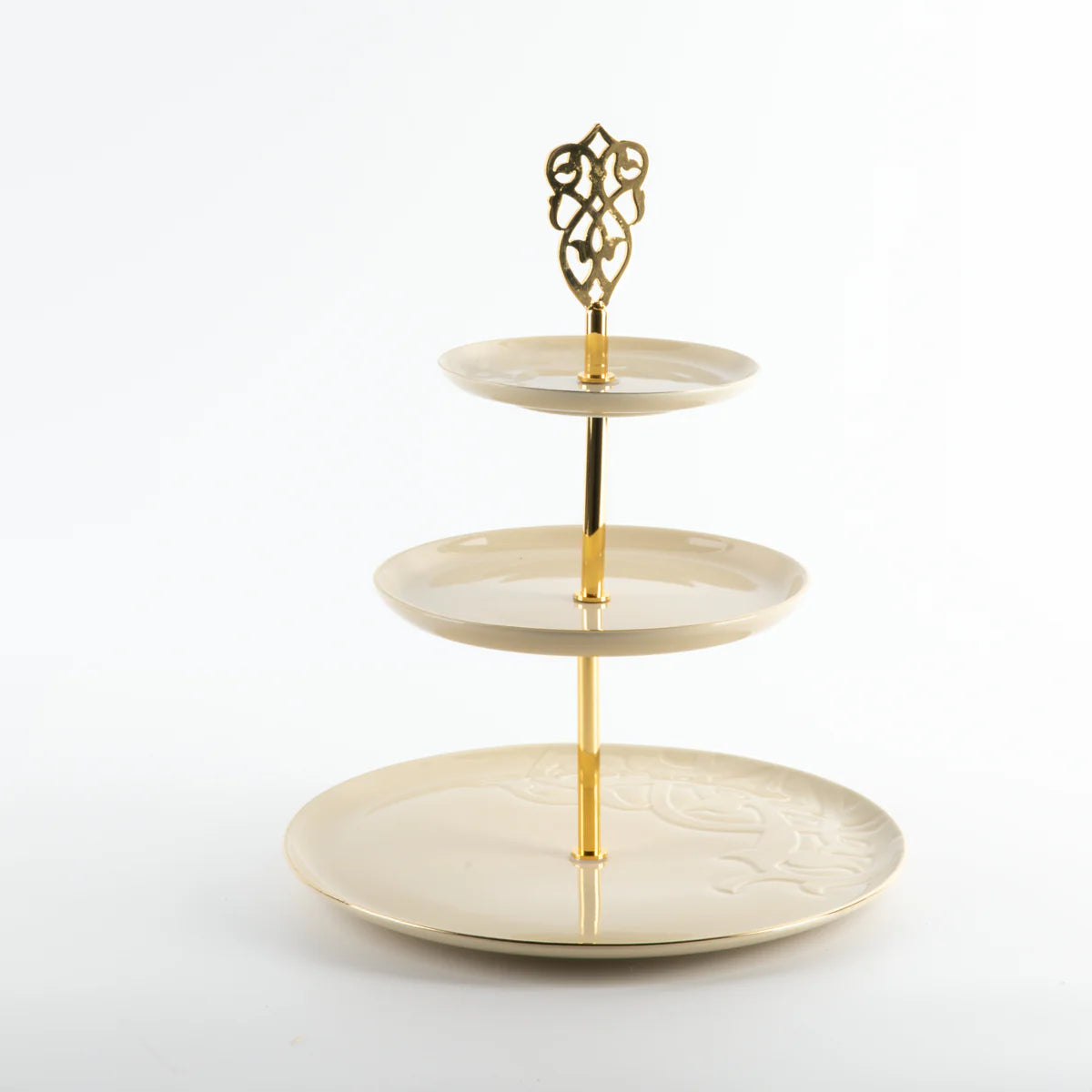 Bandeja De Servir Em Camadas De Aço Inox - Marfim e Dourado