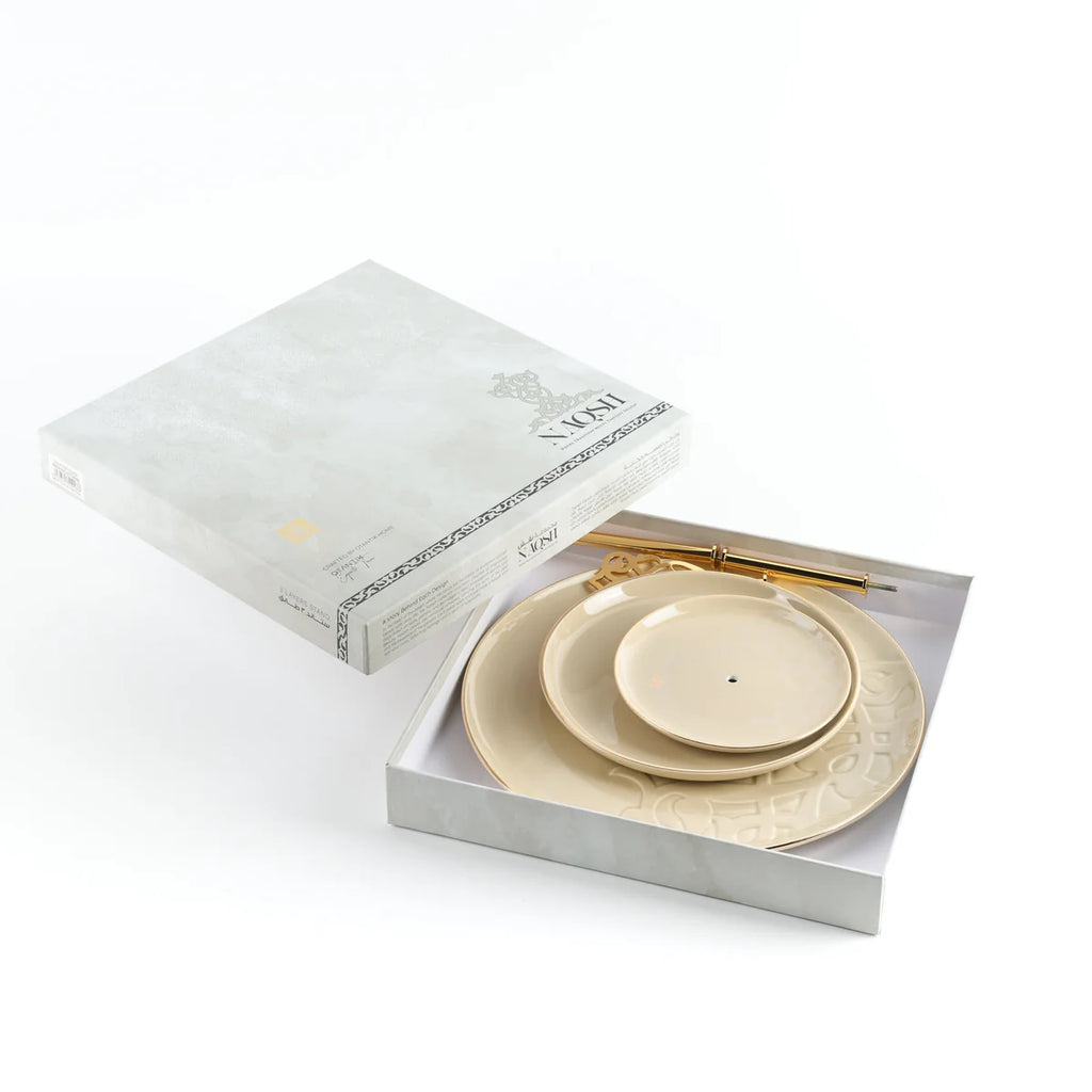 Bandeja De Servir Em Camadas De Aço Inox - Marfim e Dourado