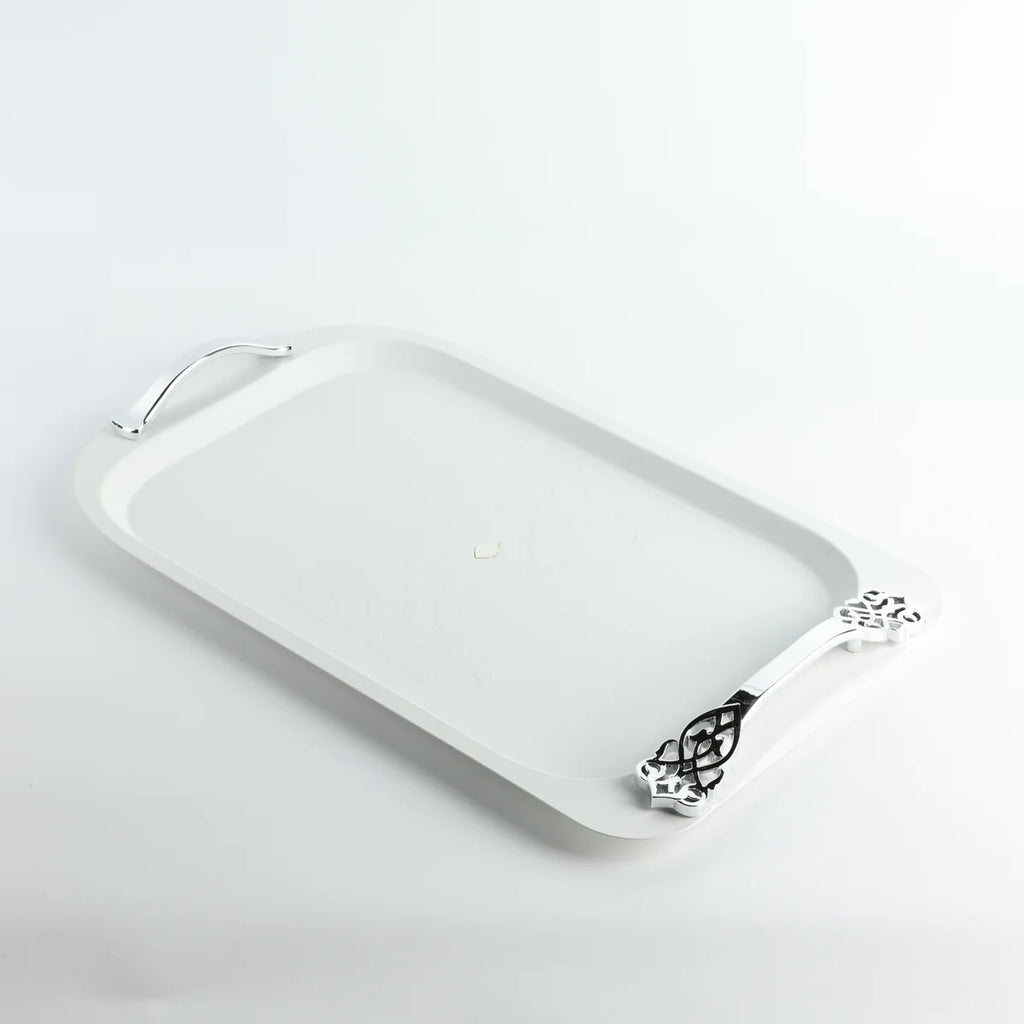 Bandeja Decorativa em Aço Inox - Branco e Prata
